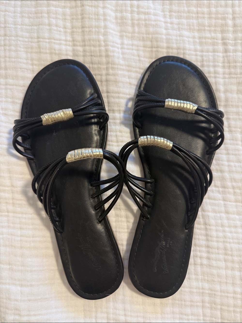Universal Thread Black Slip-On Sandals with Gold Accents